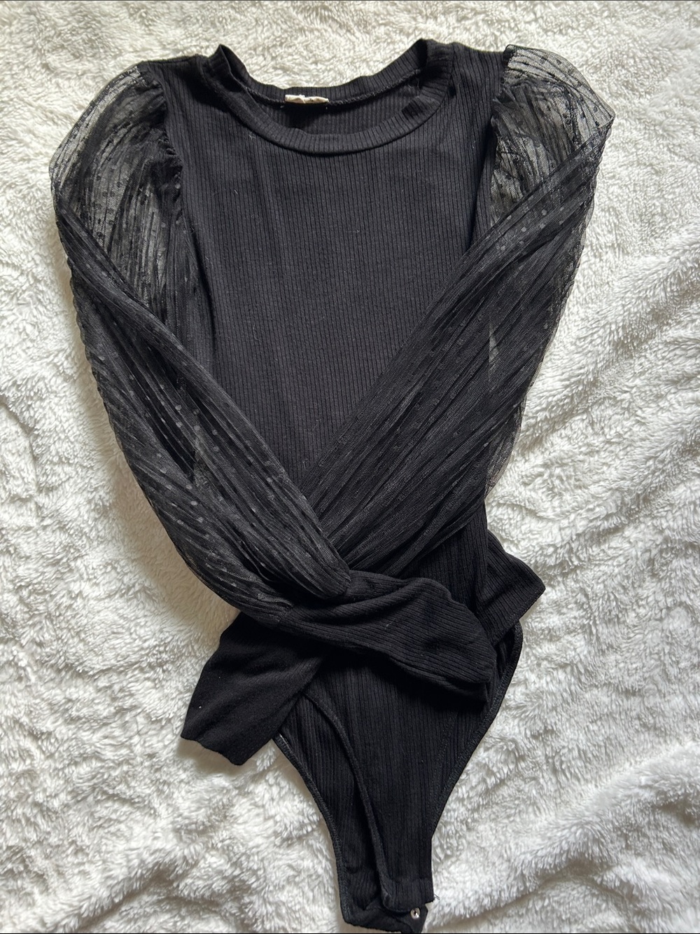 Peach Love California Black Ribbed Bodysuit with Sheer Dot Puff Sleeves